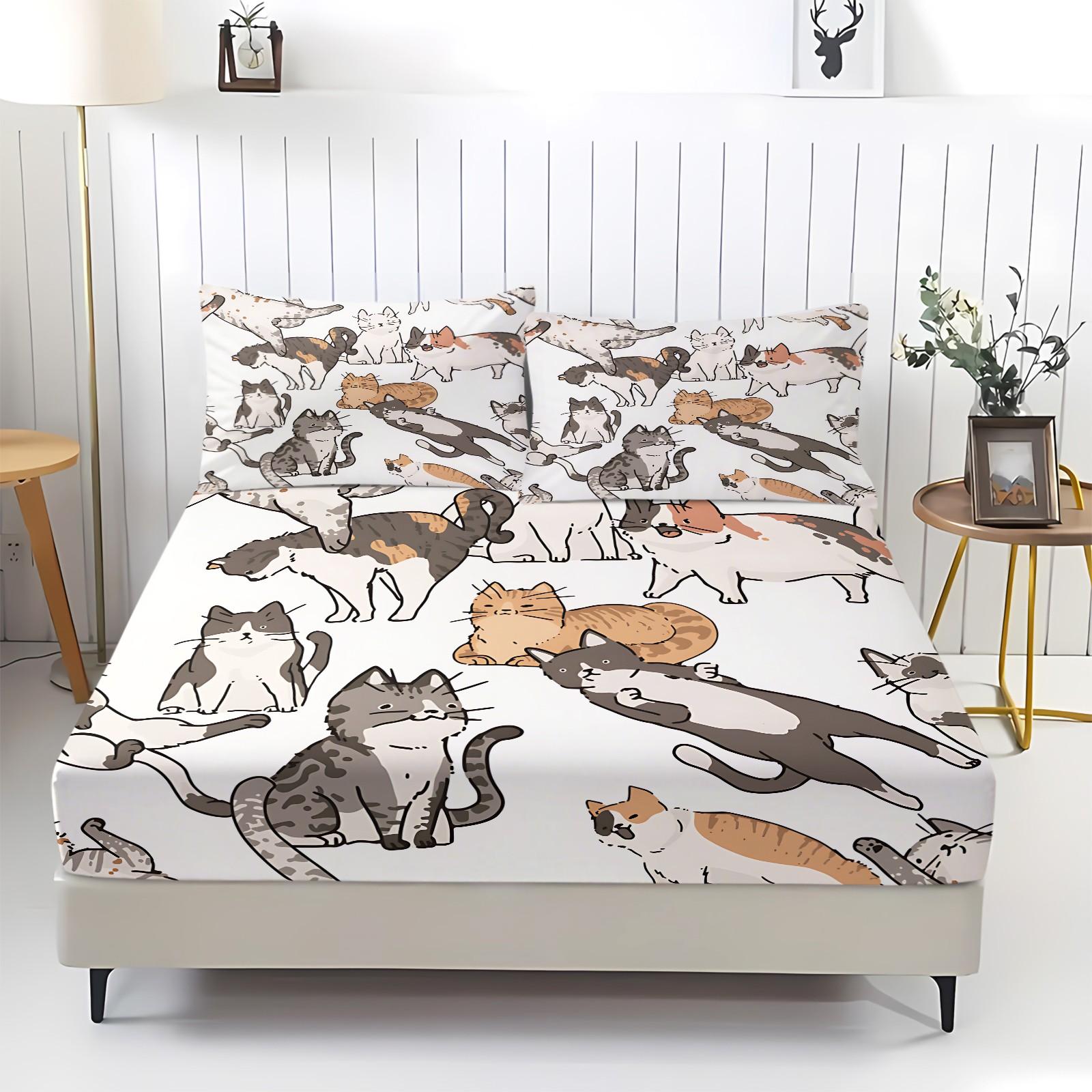 3Pcs Funny Cute Cat Digital Print Fitted Sheet Set, Cartoon Kitten Themed Bed Sheet Set, Soft Breathable Microfiber Bedding, Non-Slip All-Around Elastic, Perfect for Cat Lovers Bedroom, Guest Room, Dorm, Year-Round Use - No Filling