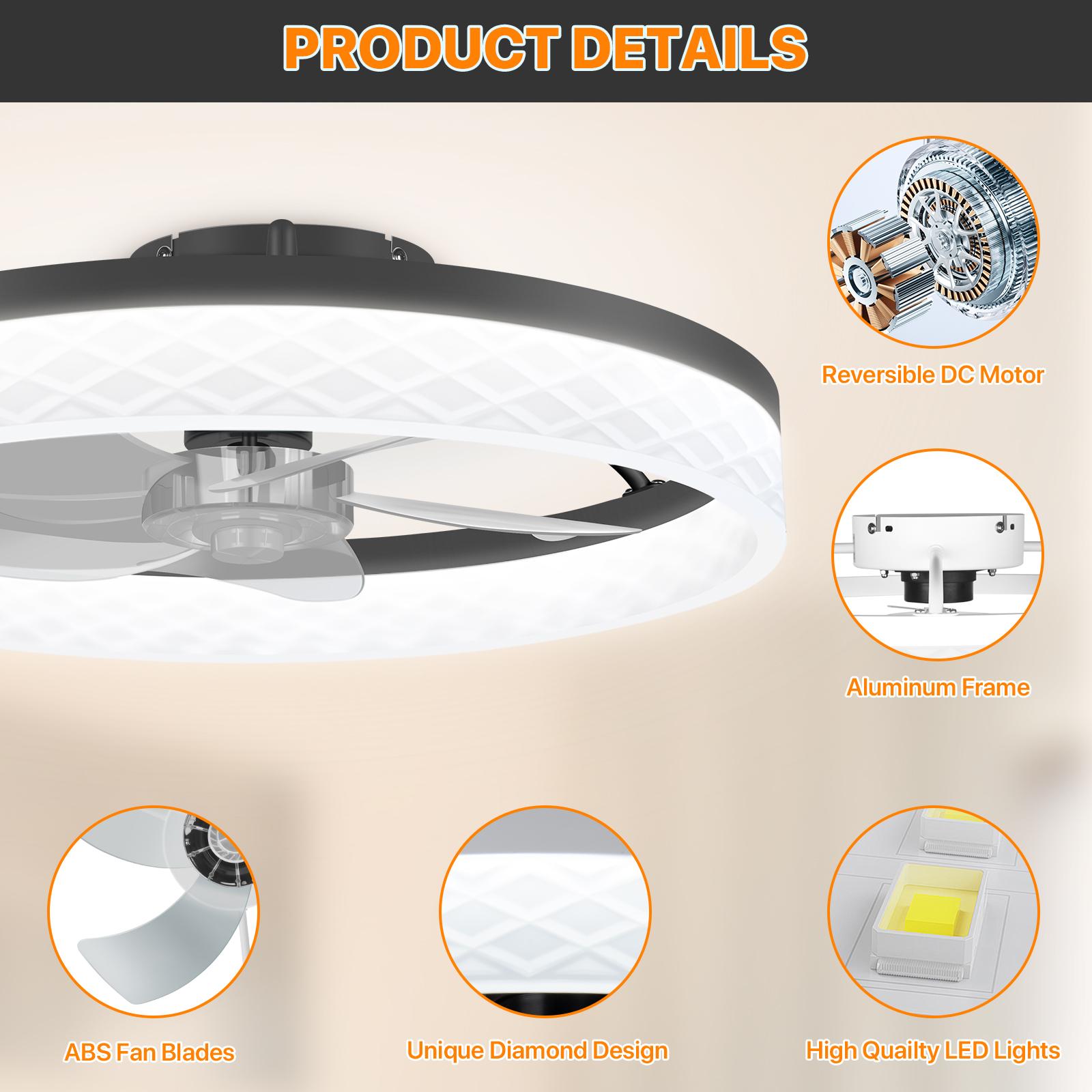 HYPERLITE Ceiling Fans with Lights - 19.7 Inch Flush Mount Ceiling Fan with Remote, 6 Wind Speeds, Reversible DC Motor, Dimmable LED Light with 3 CCT, Modern Ceiling Fan for Bedroom, Kitchen, Black,White,Adjustable Rgb Lighting,Jumpstart newyear HYPERLITE Ceiling Fans with Lights - 19.7 Inch Flush Mount Ceiling Fan with Remote, 6 Wind Speeds, Reversible DC Motor, Dimmable LED Light with 3 CCT, Modern Ceiling Fan for Bedroom, Kitchen, Black,White,Adjustable Rgb Lighting,Jumpstart newyear