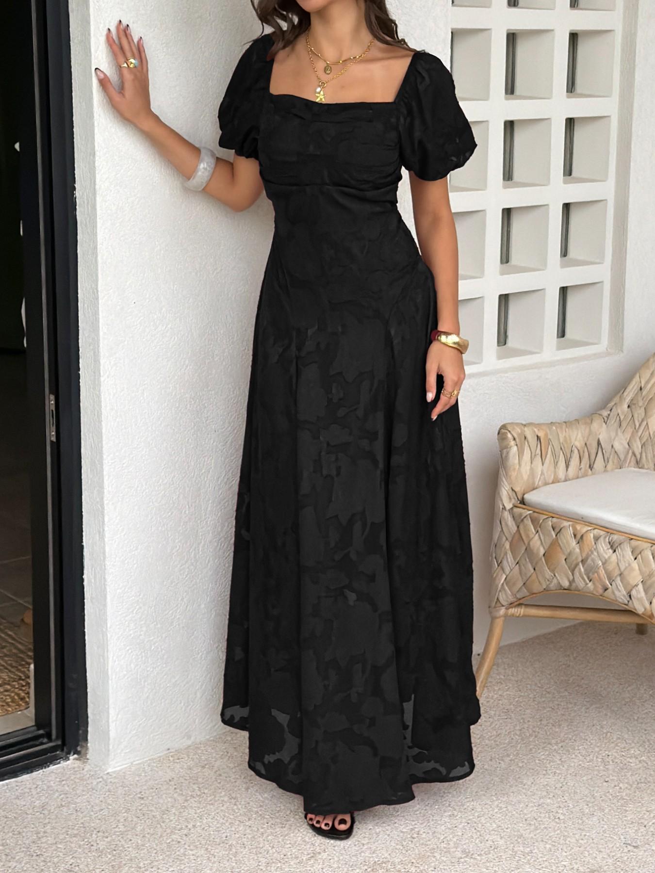 Pure Color Jacquard Square Neck Bubble Sleeve Dress, Back Crossed Tie French Vintage Wedding Banquet Atmosphere Dress