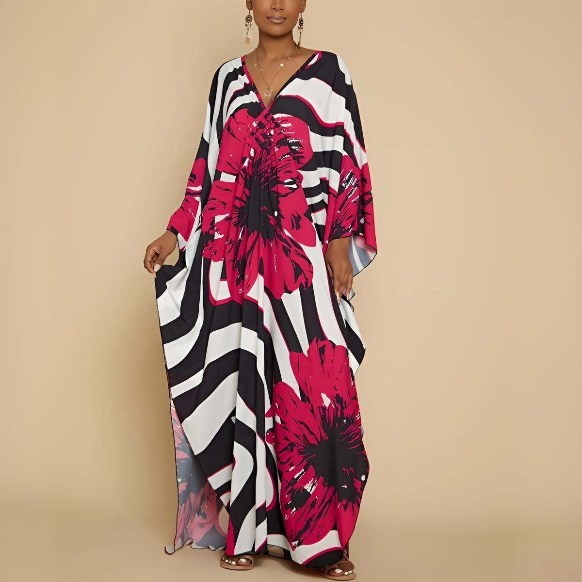 Bsubseach Women Ethnic Print Kaftan Dress ，Plus Size All Over Print  Sleeve TunicDress, Boho Casual V Neck 3/4 Sleeve TunicDress for Women, Women's Plus Cover Up,Mrs. Roper Kaftan ，bubu，mumu，Casual Womenswear Summer Bohemian Tangerine Hibiscus