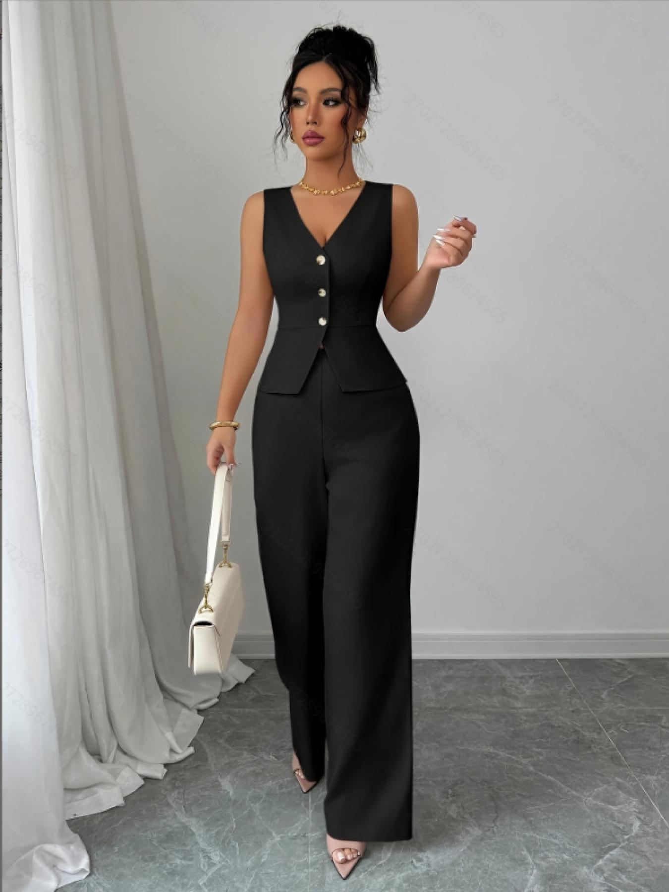 YYT1 A women's Chic Sleeveless Vneck luxury waist cinched Fitted suit vest set, Pants Top Set, same color scheme, suitable commuting, shopping, outdoor activities, Fitted clothing set