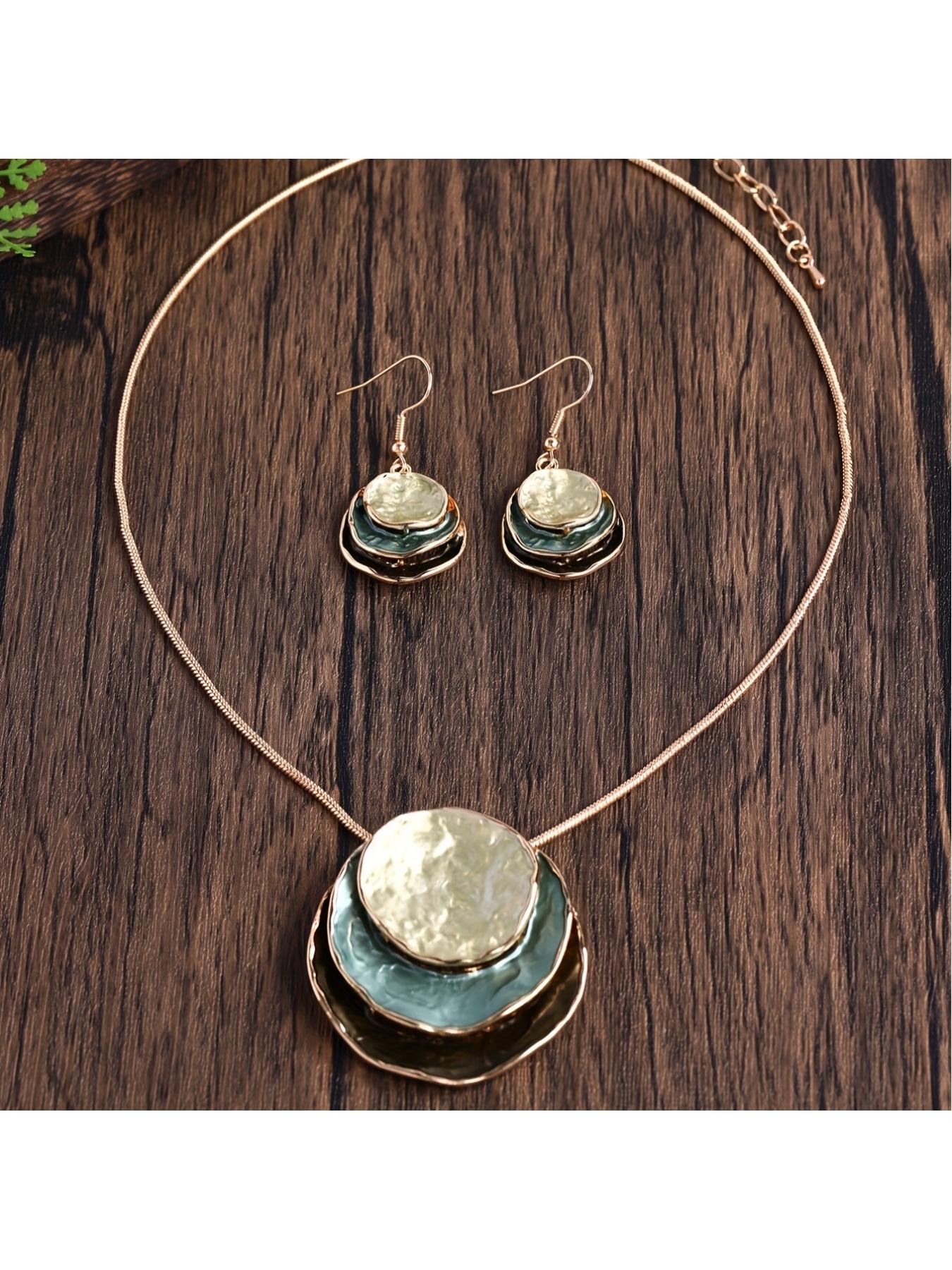 Boho 3-Layer Round Zinc Alloy Enamel Jewelry Set, Necklace & Earrings for Women