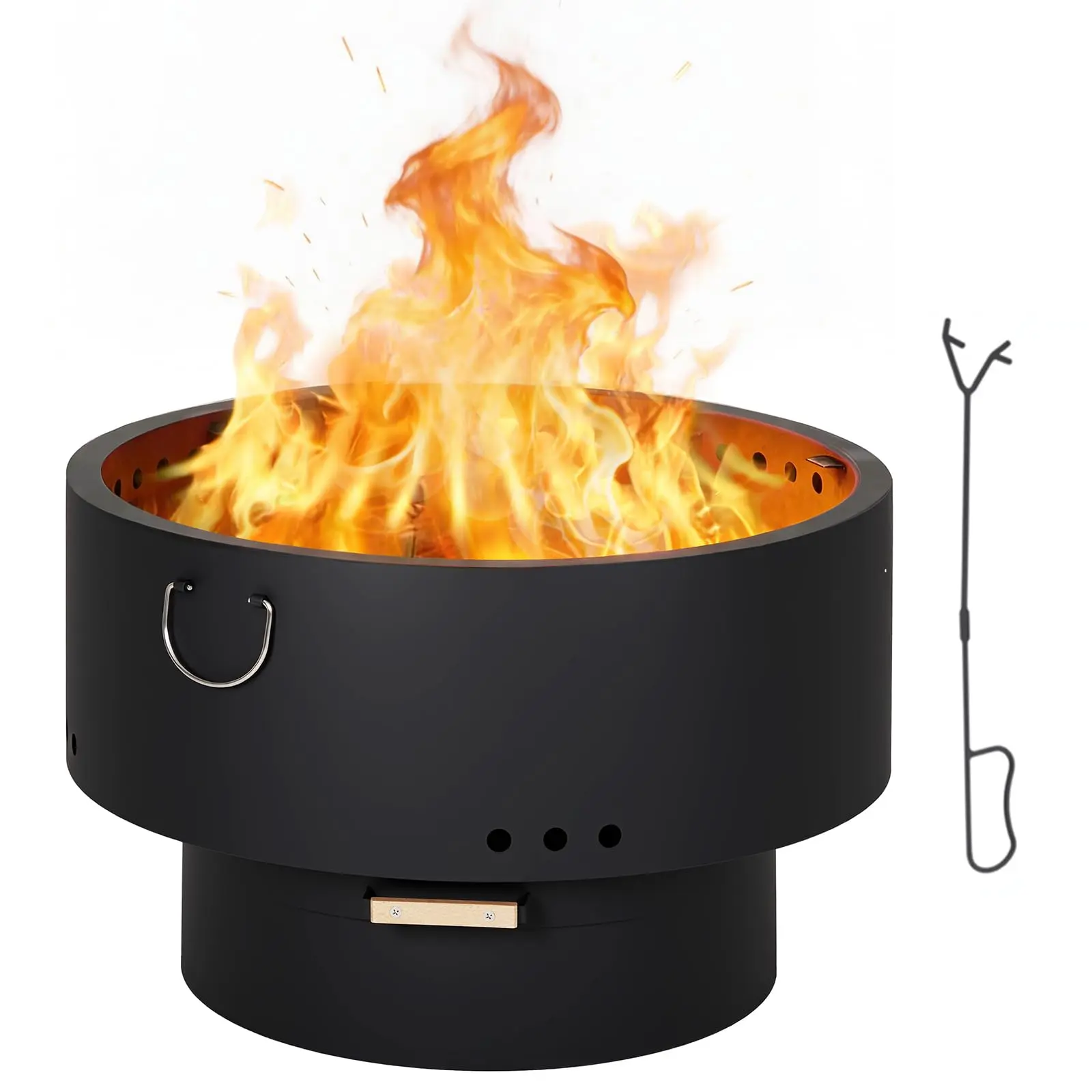 30 Inch Smokeless Firewood Heating Outdoor Fire Pit - Portable Carbon Steel Fireplace with Removable Ash Pan, Fire Poker & Hardwood Top