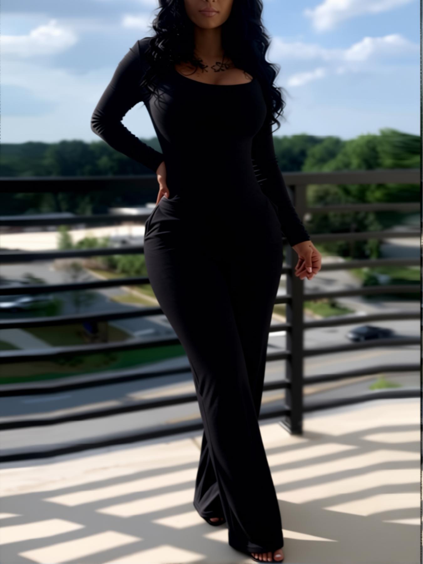 Women's Sexy Fitted Plain Long Sleeve Jumpsuit, Fall & Winter Fashion, Low Neck Pocket Design, European Style, Casual Wear