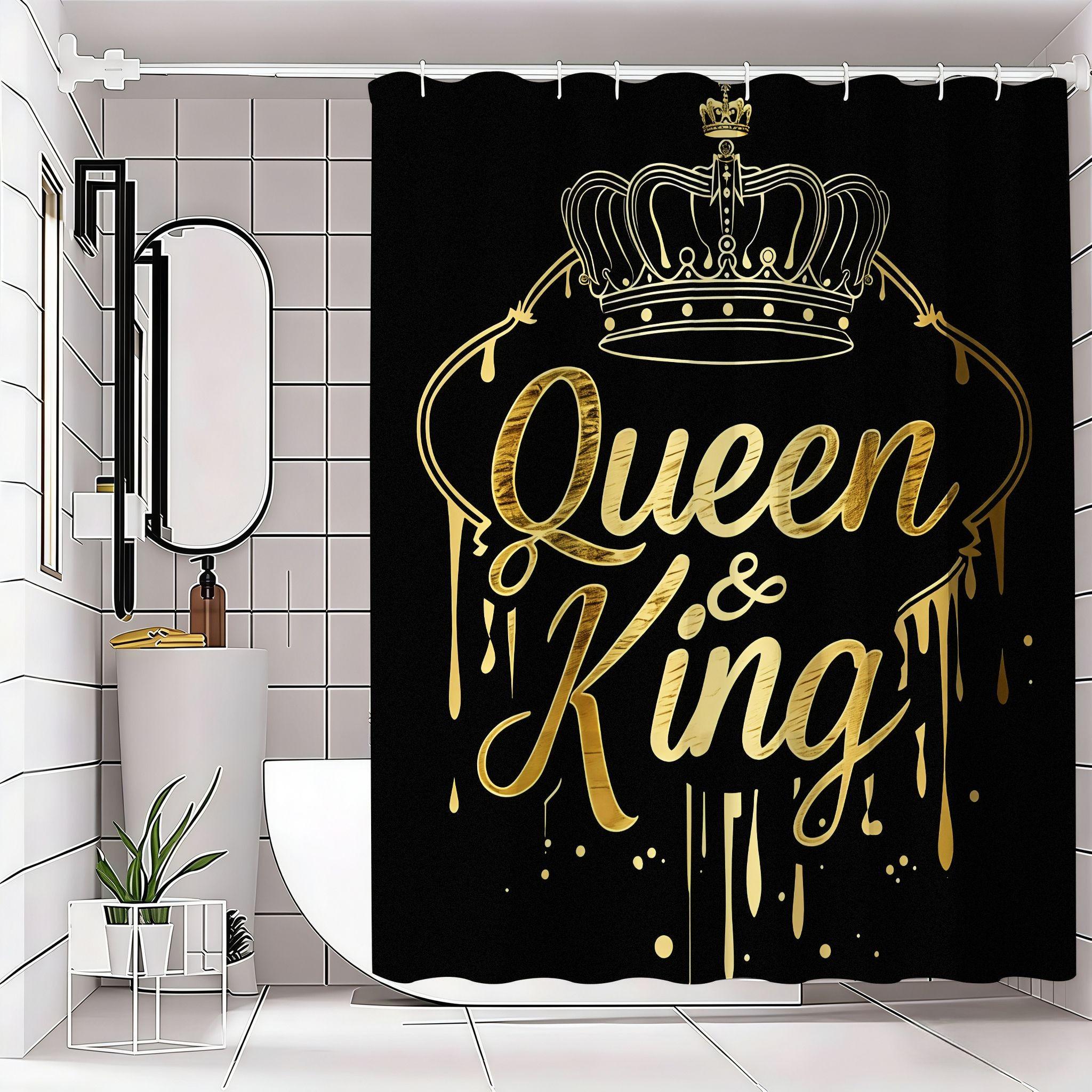 Luxurious Shower Curtain with Design, Queen & King Cursive, Crown Illustration, Ideal for Regal Bathroom Decor