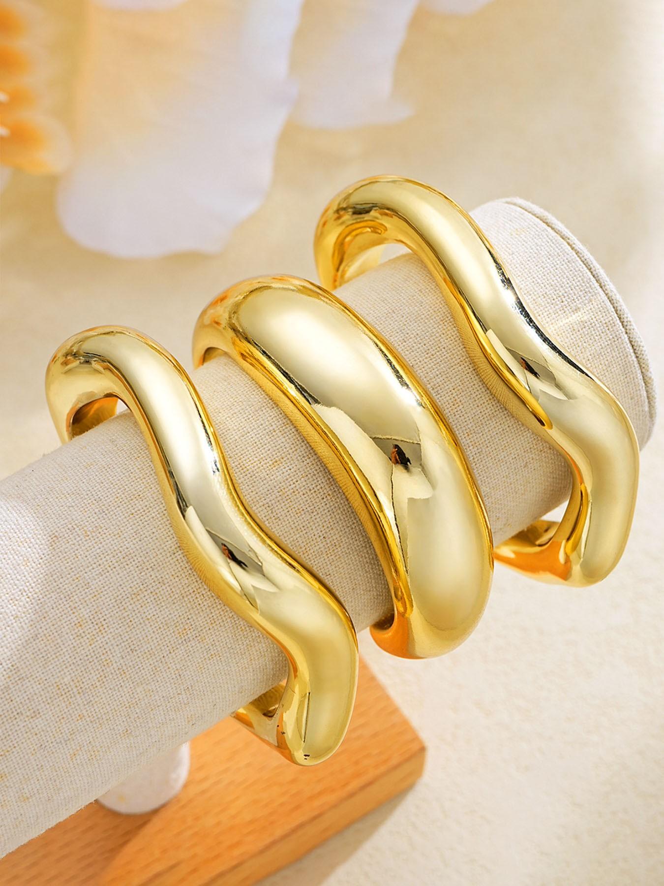 3-Piece Vintage Elegant Fashion Casual Minimalist Wide Wave Arc Ccb Resin Lightweight Open Bangle Set for Women, Perfect for Daily Wear, Parties, Weddings