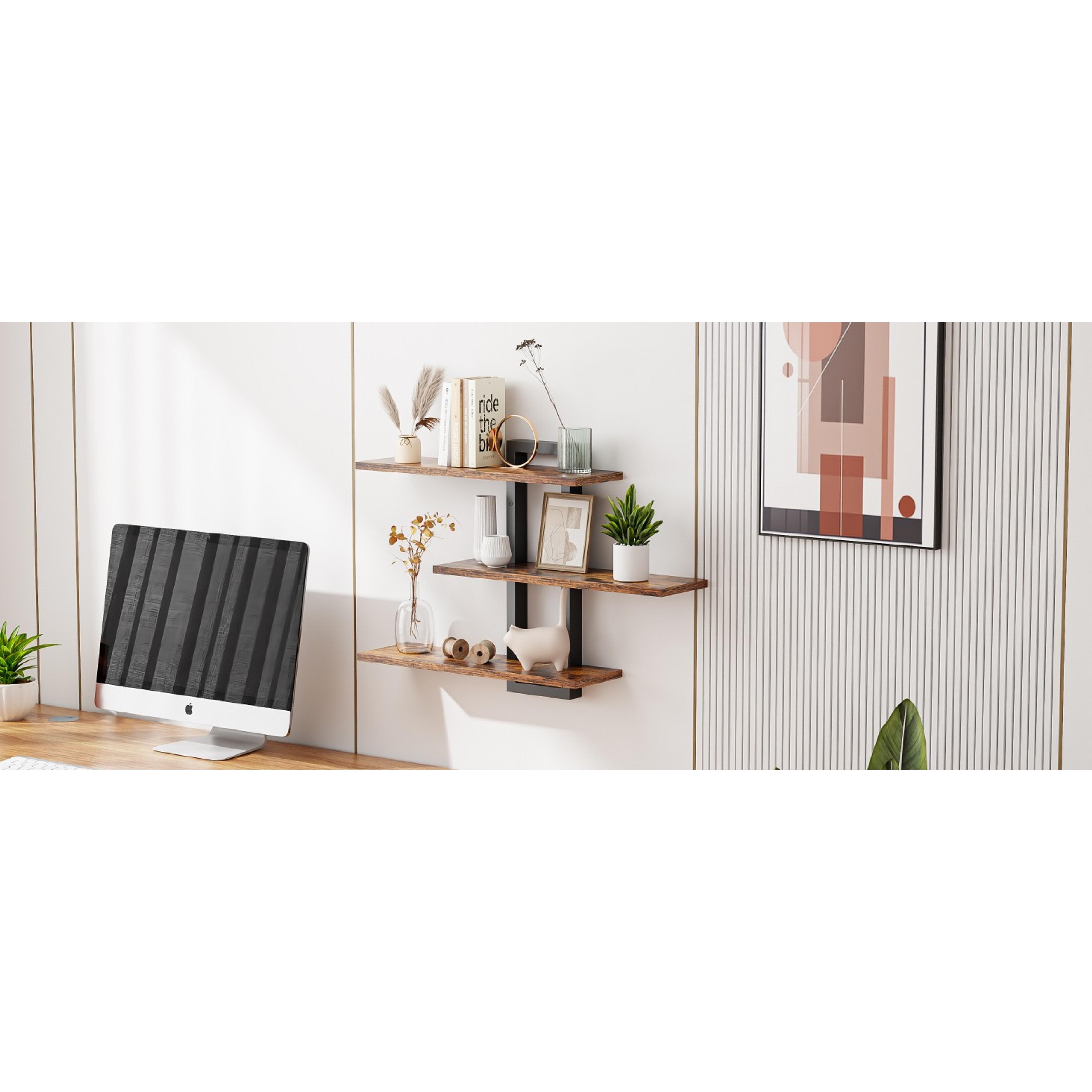 Rustic Brown and Black Wooden Floating Wall Shelves Set - 3-Tier Hanging Storage Racks for Bathroom, Bedroom, Easy Installation, Home Organizer Decor, Rustic Look