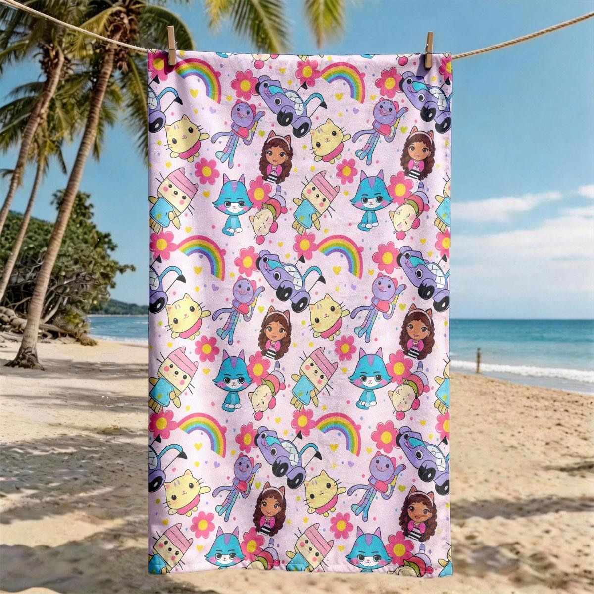 A Gabby's Dollhouse Cartoon Characters Rainbow All-over Printed Beach Towel - Oversized, Skin-friendly, Absorbent and Quick-drying, Perfect for Beach and Pool Leisure, Ideal for Summer Trips - Suitable for Seaside Vacations, Pool Parties and Outdoor Picni