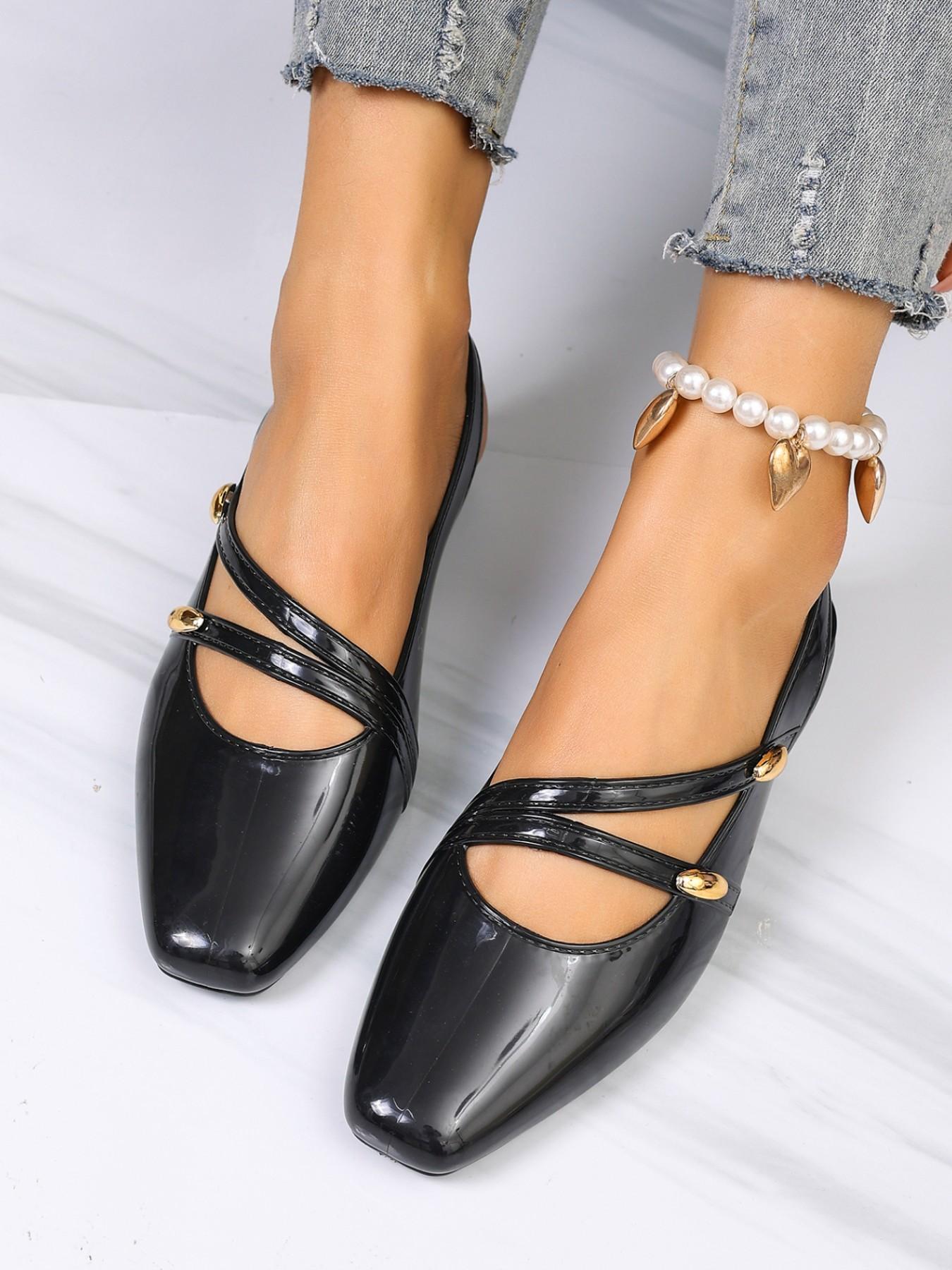 2026 Summer High-End Glossy Leather Mary Jane Shoes, Square Toe Backless Cross Strap Metal Buckle Low Heel Flat Sandals, Office Date Elegant Versatile Women's Shoes