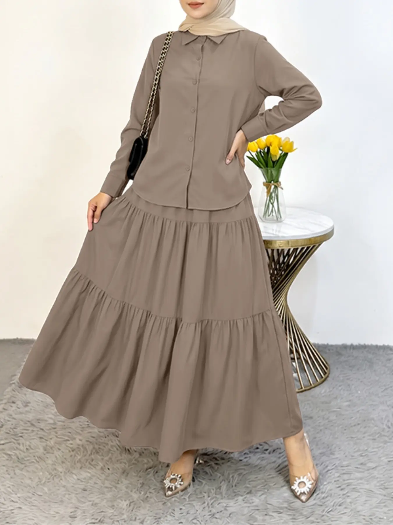 ZANZEA Women's Lapel Long Sleeve Button-Down Shirt + Elastic Waist Layered Pleated Skirt Set, Two-Piece, No Pockets, Fashionable Ensemble