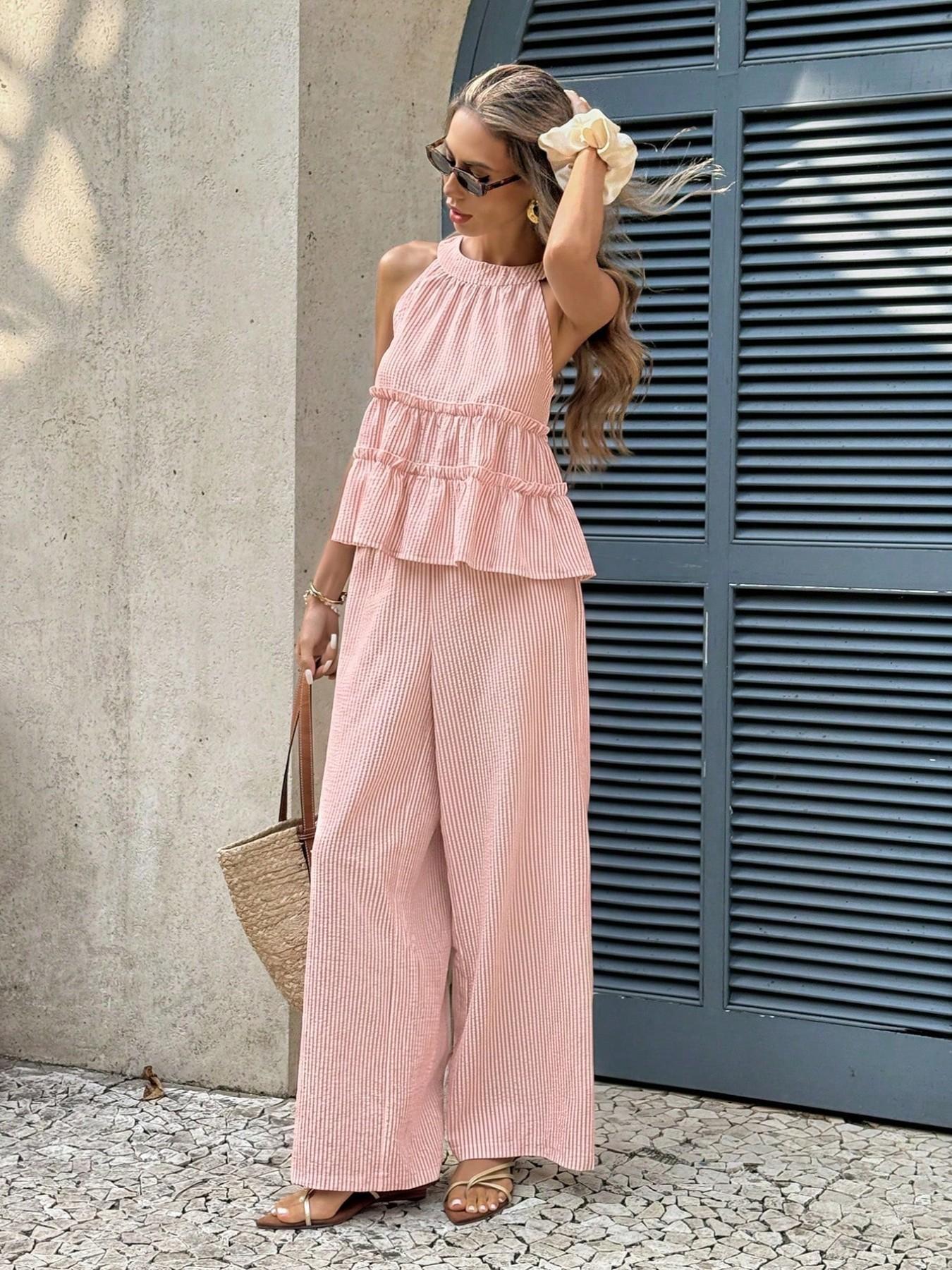 Women's 2 Piece Set | Sleeveless Halter Neck Ruffle Top & High Waist Wide Leg Pants | Casual Feminine Summer Beach Vacation Outfit