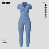 MFVIM Female Short-Sleeve Zip-Up Stand Collar Yoga Jumpsuit - High-Elastic Quick-Dry Slim-Fit Waist-Controlled Athletic Skinny Sportswear Jumpsuit with Yoga-Ready Stretch, Short-Sleeve Ease, Summer Travel Essential