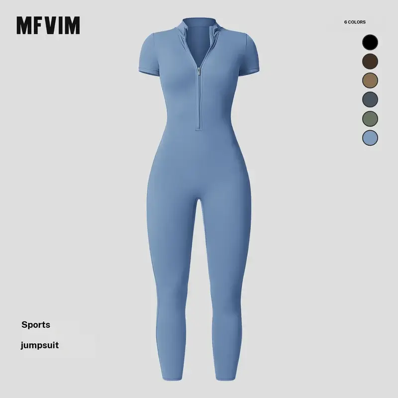 MFVIM Female Short-Sleeve Zip-Up Stand Collar Yoga Jumpsuit - High-Elastic Quick-Dry Slim-Fit Waist-Controlled Athletic Skinny Sportswear Jumpsuit with Yoga-Ready Stretch, Short-Sleeve Ease, Summer Travel Essential