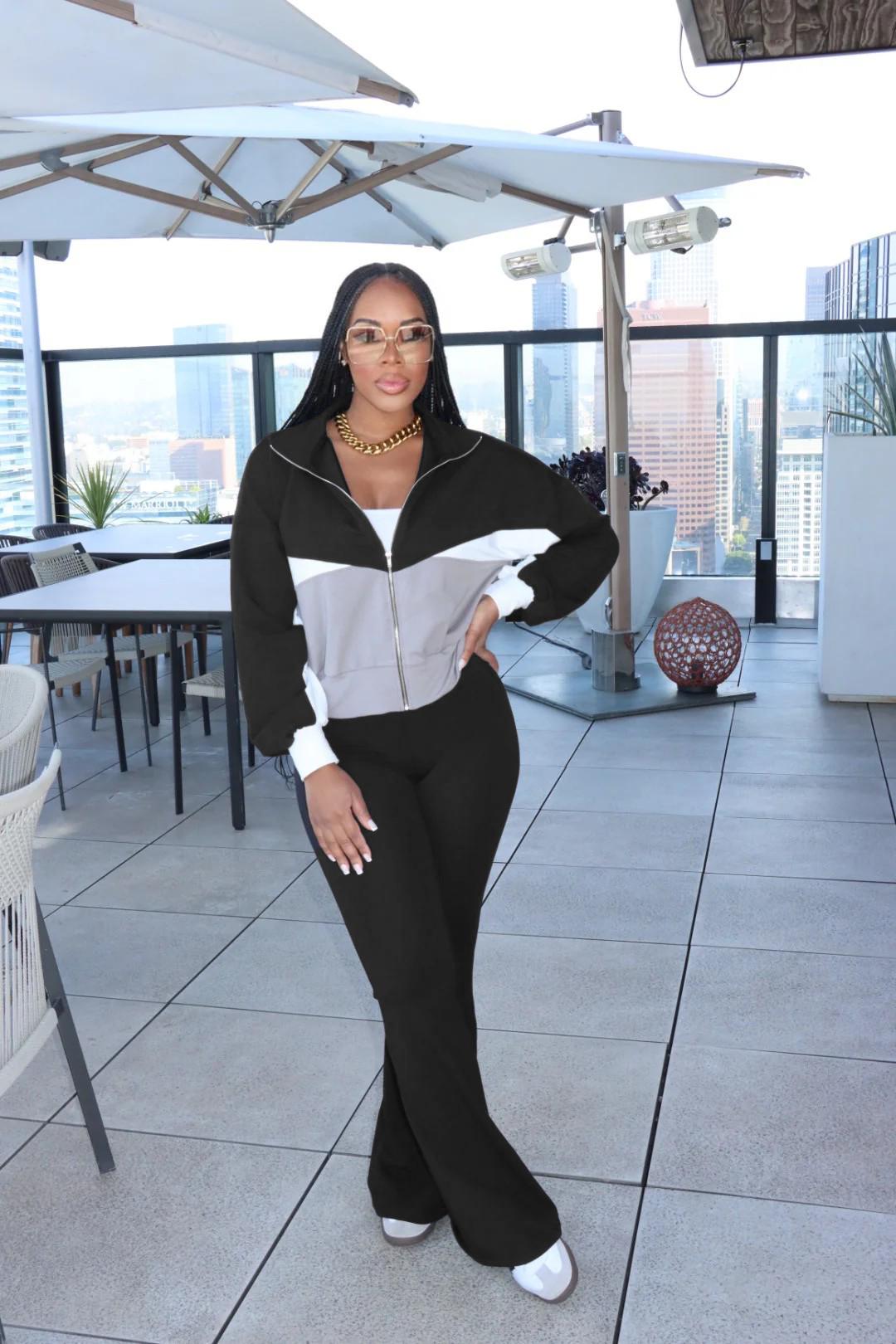 USBOUTIQUECHIC Chic Color-Contrast Zip-Front Top & Lounge Pants - Fashionable Casual Wear, Cozy Fall Matching Outfit 2-piece set woman - Clothes