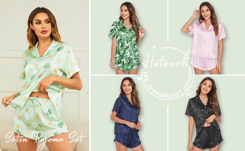 Womens Satin Pajamas Set Button Down 2 Piece Silk Pjs Shorts Set Ruffle Lingerie Notch Collar Sleepwear