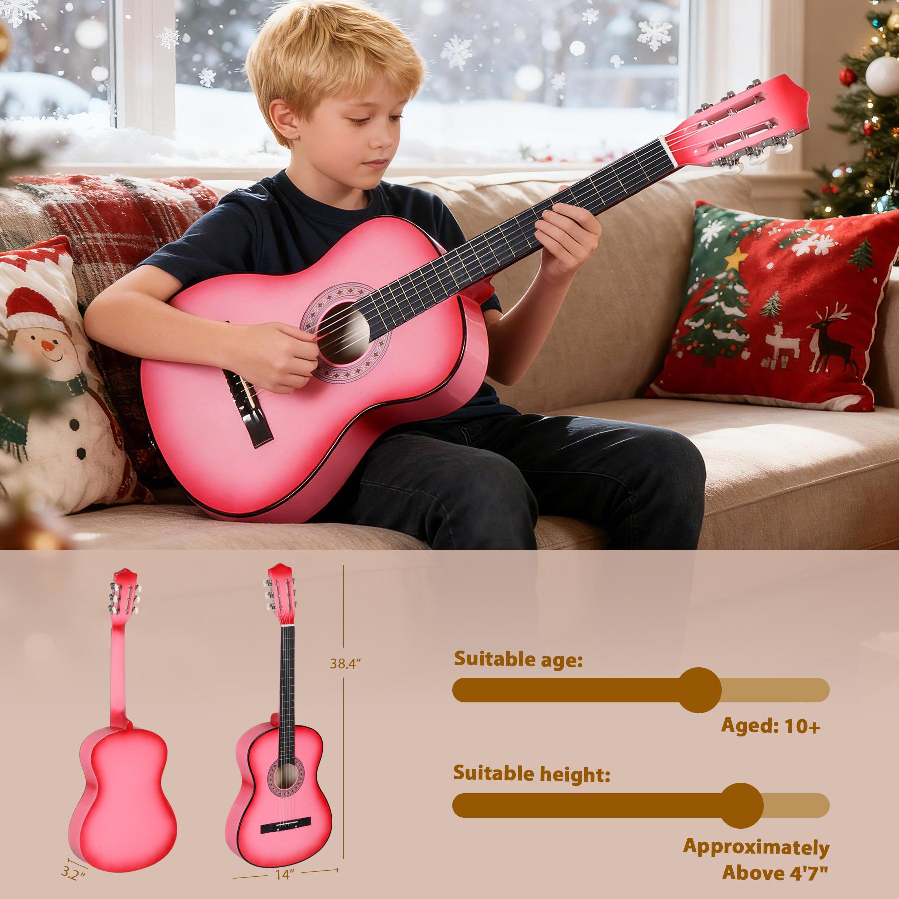 ZENY 38-in Kids Beginner Acoustic Guitar Starter Kit 6 Strings W/Case, Strap, Tuner, Pick -Pink