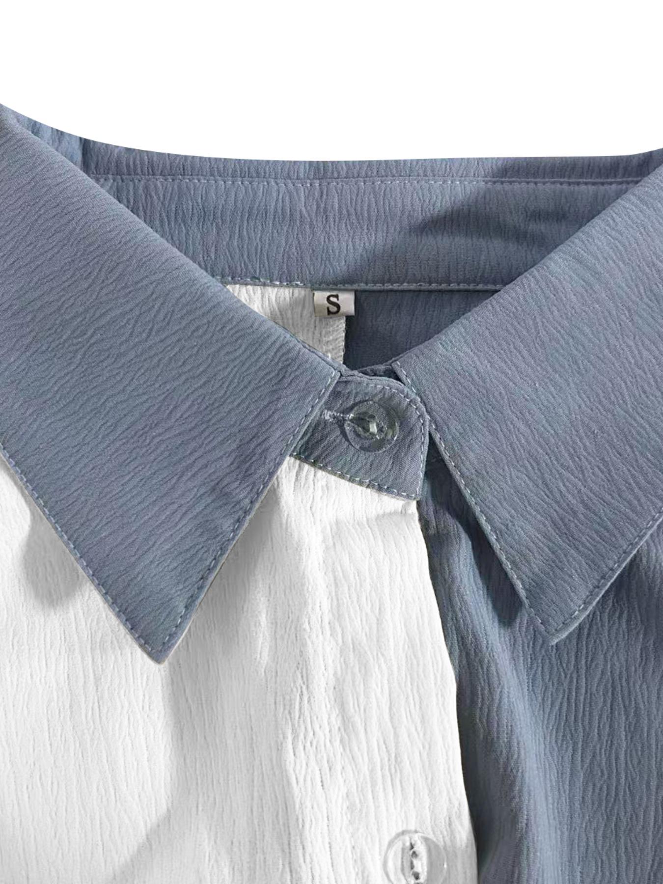 Women's Patchwork Curved Hem Shirt, Casual Long Sleeve Collared Top for Summer, Ladies Clothes for Daily Wear, Blouse, Casual Business Top