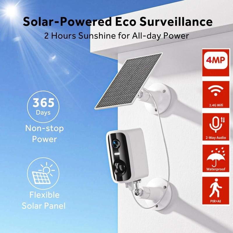 Solar Security Camera for Indoor Outdoor, Rechargeable Battery, 2K Waterproof HD Color Night Vision Camera, Human Detection, Automatic Alarm