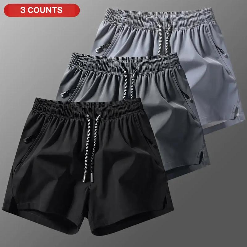 3PCS Men's Plain Fashion Sports Shorts with Drawstring and Zipper Pockets, Suitable for Summer Training, Daily Wear, Elastic Drawstring Waistband with Zipper Pockets, Lightweight and Breathable Summer Workout Pants for Outdoor Activities and Casual Wear