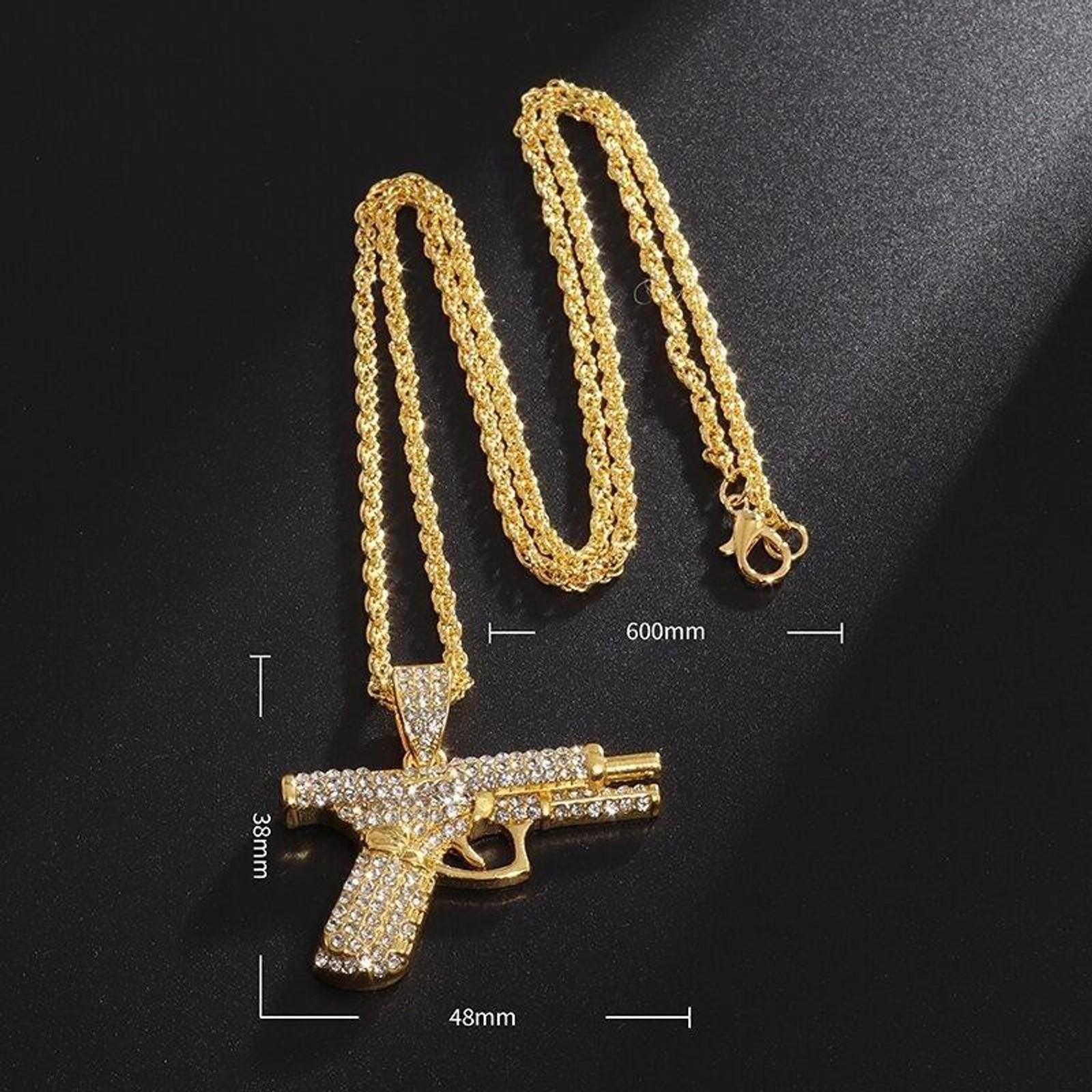 Men's Iced Out Cuban Link Chain with Rhinestone Pistol Pendant, Hip Hop Bling Necklace for Daily Casual Wear
