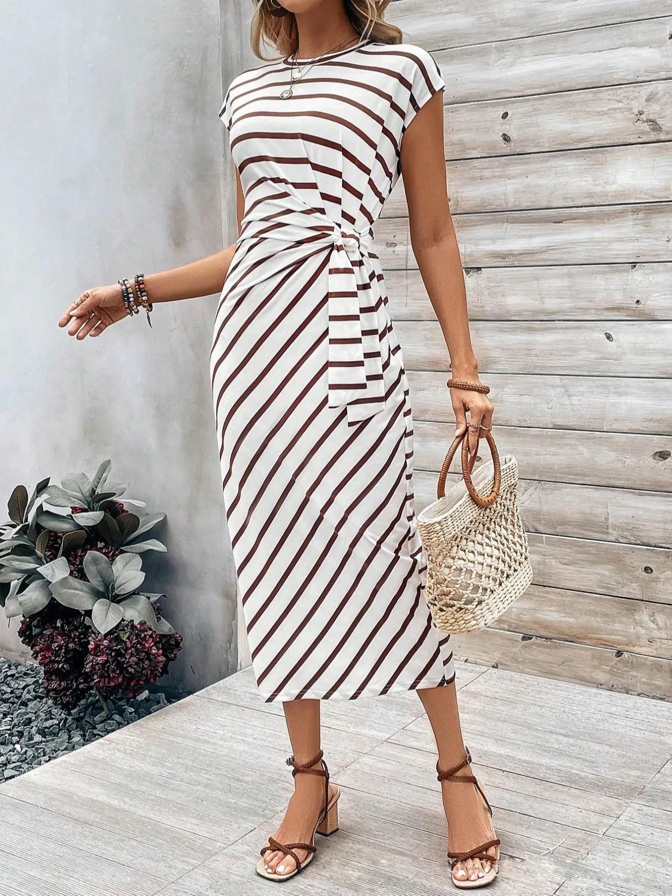 Elegant Waist Tie Striped Round Neck Short Sleeve Long Dress, Summer High-End Women's Fashion, Cross-Border Chic Clothing