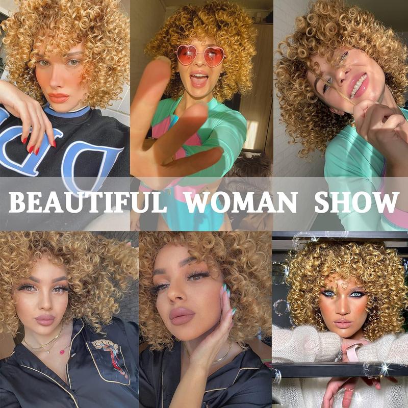 Missqueen 14 inch Blonde Curly Wigs 70s, Kinky Brown Mixd Blonde Afro Wigs for Black Women, Synthetic Afro Curly Blonde Wigs for Women (Brown to Blonde)