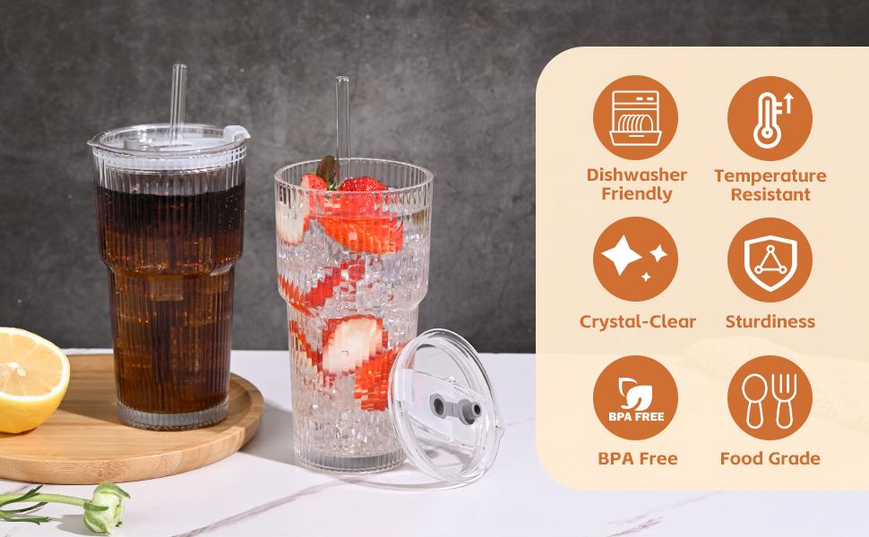 MHDCLY 20oz Ribbed Glass Tumblers Set of 2/4 with Lids & Straws Durable Reusable Leak-Proof Travel-Ready for Iced Coffee Smoothies Juice Cocktails Washable Stylish Drinkware