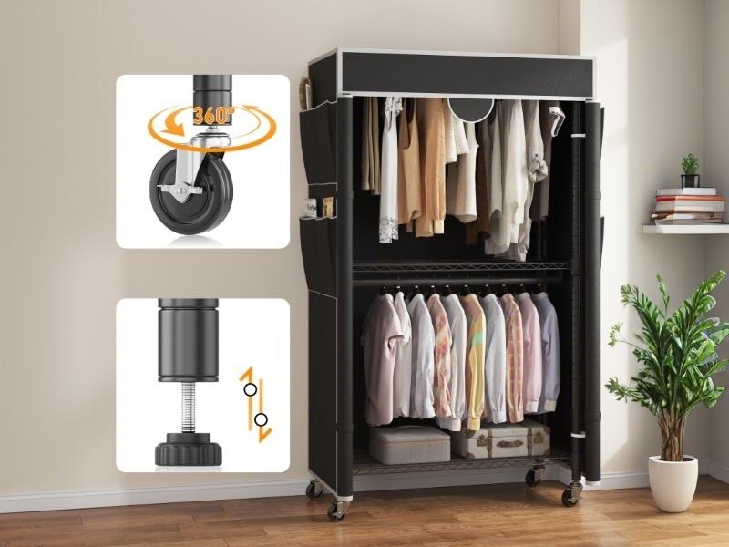 Heavy Duty Clothes Rack with Oxford Fabric Cover, Metal Garment Rack with 2 Hanging Rods, Closet Wardrobe with Wheels & Leveling Feet, Black/Gray Cover