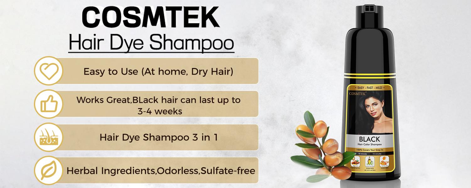 COSMTEK 3 in 1 Hair Dye Shampoo, Grey Hair Coverage, Contains Ginseng Extract, Herbal Ingredients Natural Shampoo Hair Dye, black hairdye, Salon