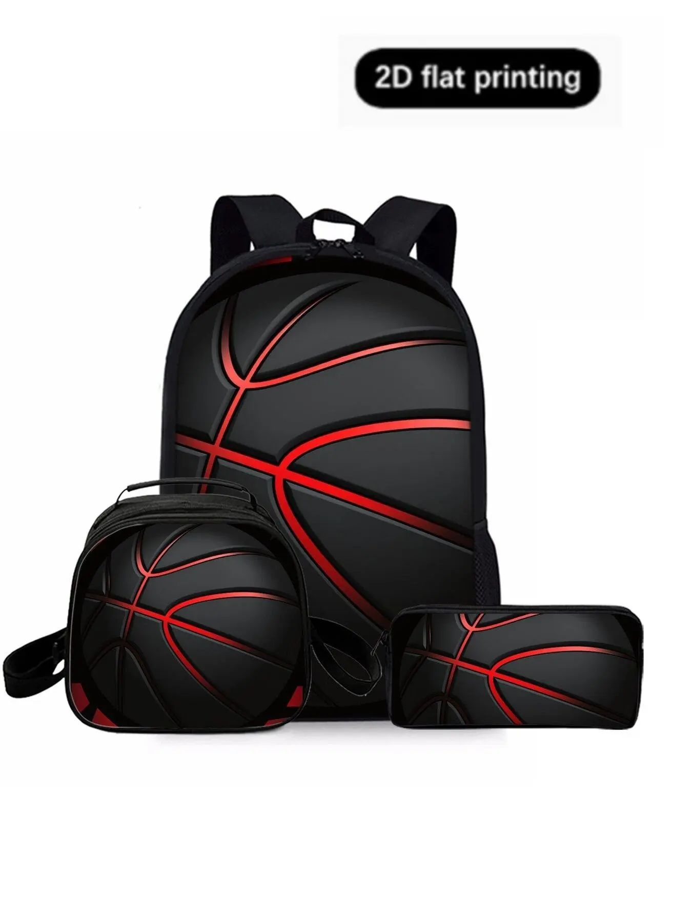 Basketball Pattern 2D Print Backpack Set, Three-Piece Lunch Bag Pencil Case Shoulder Bag, Casual Geometric Design for All Seasons