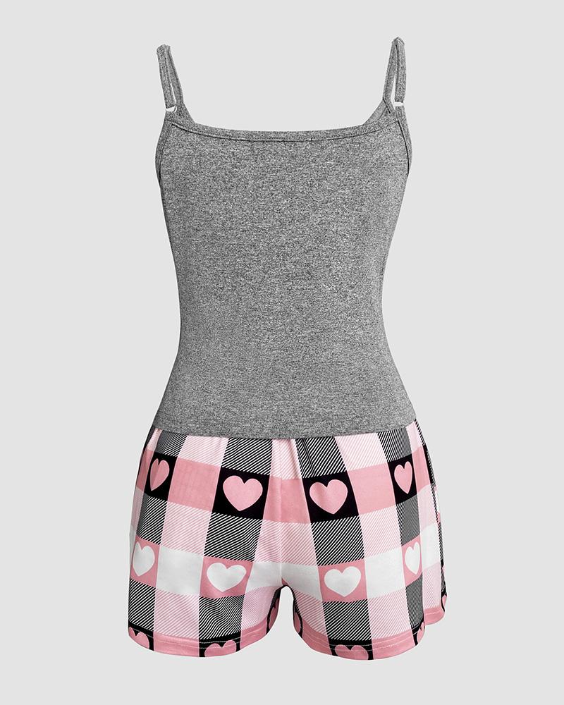 ChicMe Women's 2 Pieces Outfit Bowknot Decor U-Neck Adjustable Spaghetti Straps Cami Top and Heart & Plaid Print Elastic Waist Shorts Set Casual Pajamas Set