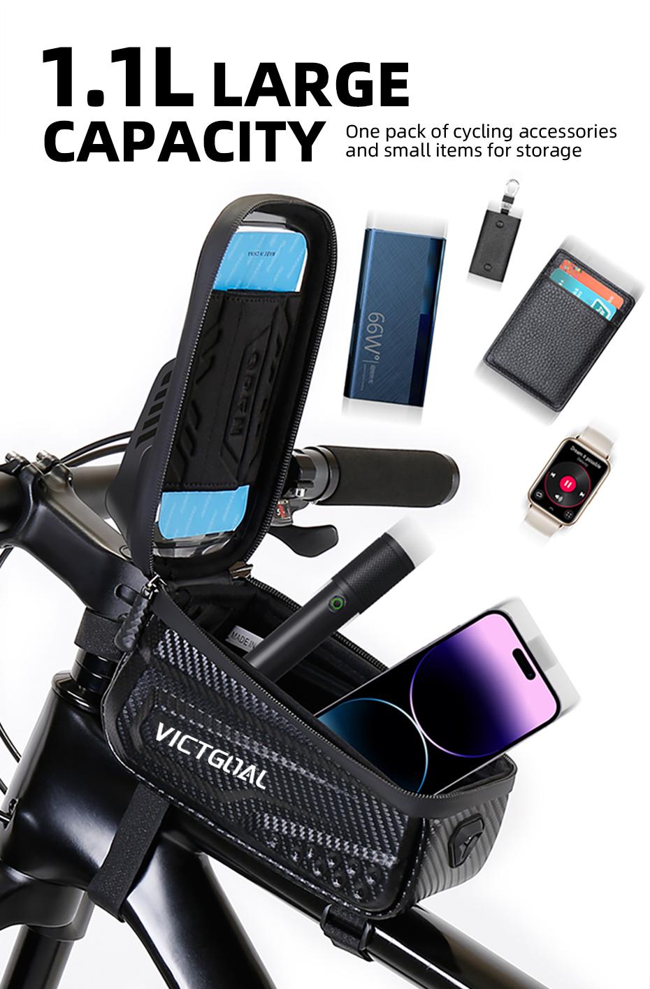 Bicycle Top Tube Frame Bag, Waterproof Bike Phone Holder 6.8″ Touchscreen Phone Storage Bag, Large Capacity Cycling Accessories for MTB Road Bike