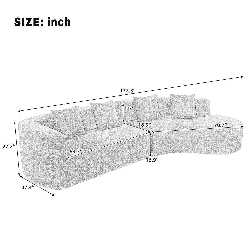 132" Modern Curved Boneless Sectional Sofa Set - 2-Piece Chenille Sturdy Pre-Assembled Couch, Dual-Seater Combo with 4 Pillows, Plush Sponge-Spring Cushions, Spot Clean for Living Room