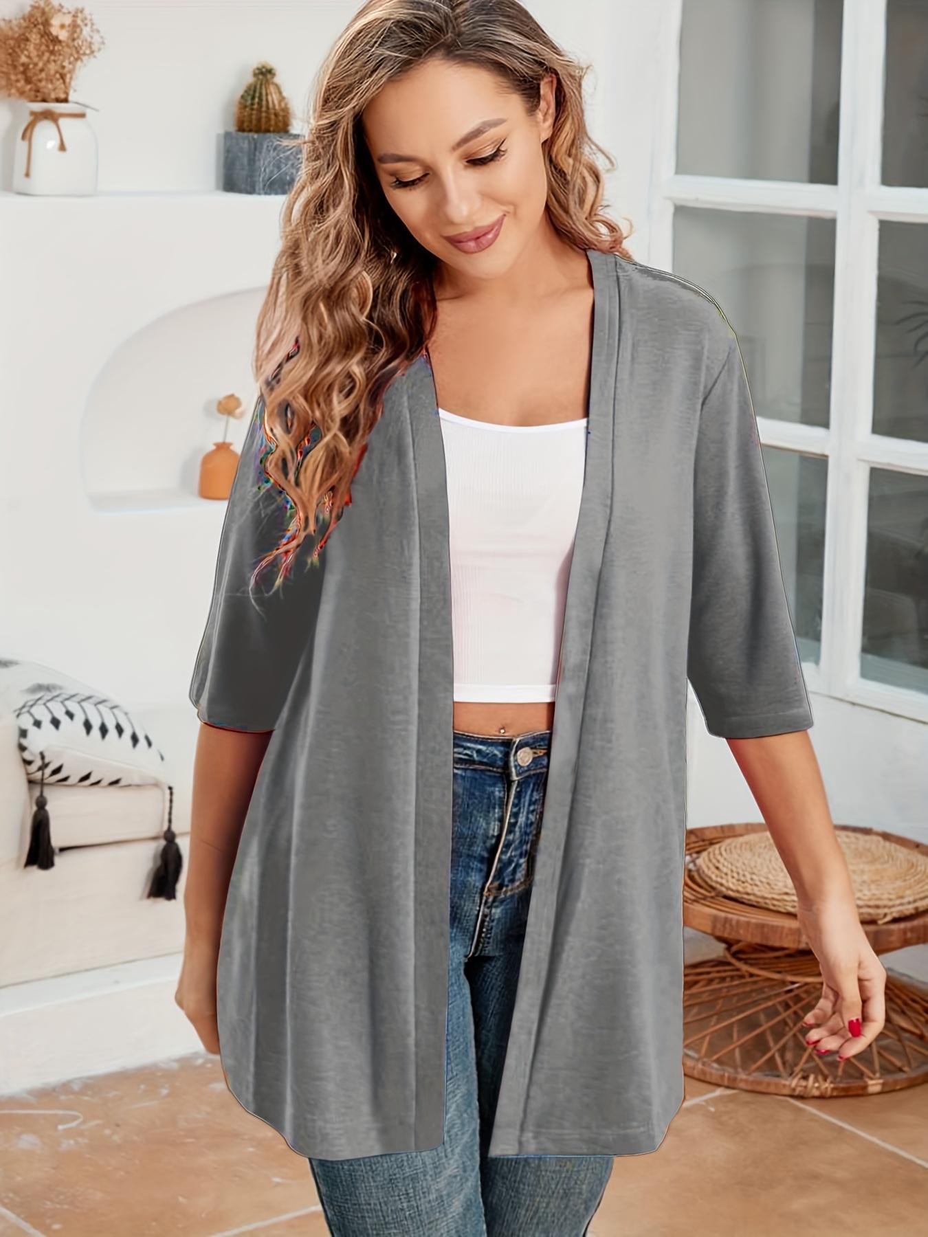 Plus Size Women's Solid Color Drop Shoulder Open Front Cardigan, Plus Casual Fashionable Half Sleeve Outerwear for Daily Outdoor Wear, Summer Outfits 2024, Women Plus Clothing for All Seasons