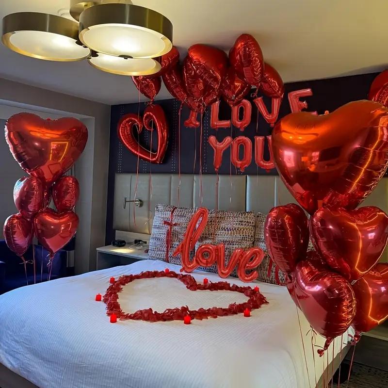 Valentine's Day Balloon Decoration Set, Heart Aluminum Foil Balloons with Love Banner and Rose Petals, Romantic Proposal Room Decor