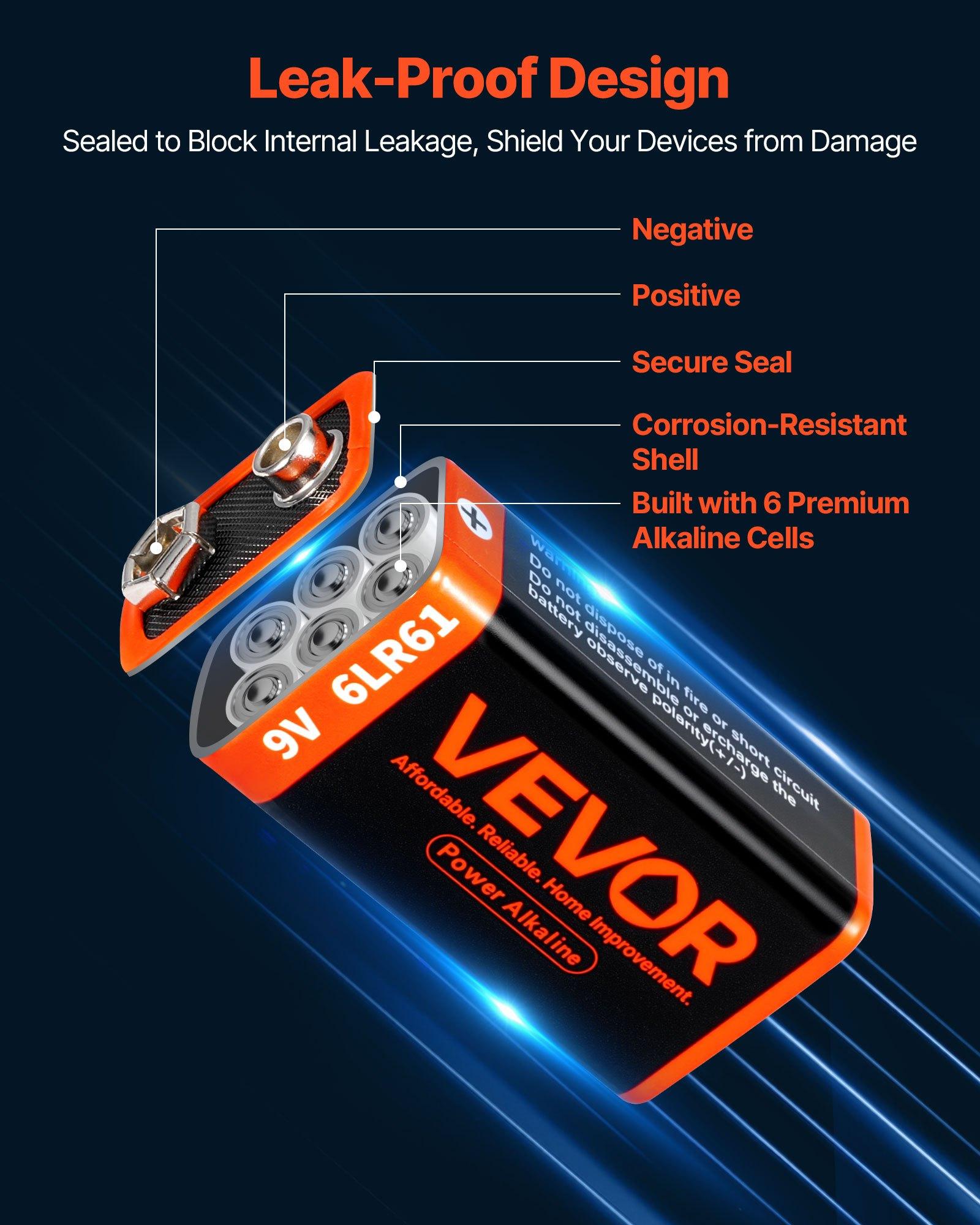 VEVOR 9V Alkaline Batteries, 12-Pack, 9 Volt Square Battery for Smoke Detector, 10-Year Shelf Life, Long Lasting, All-Purpose, for Fire Alarm, Household Office Business Devices, Electronics & Audio