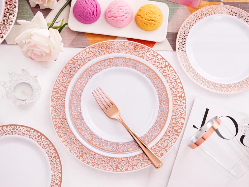 Clear/Gold/Silver/Rose Disposable Plates and Silverware Set: Dinner Plates,Dessert Plates, Cups, Knife, forks, spoons-Perfect for Party