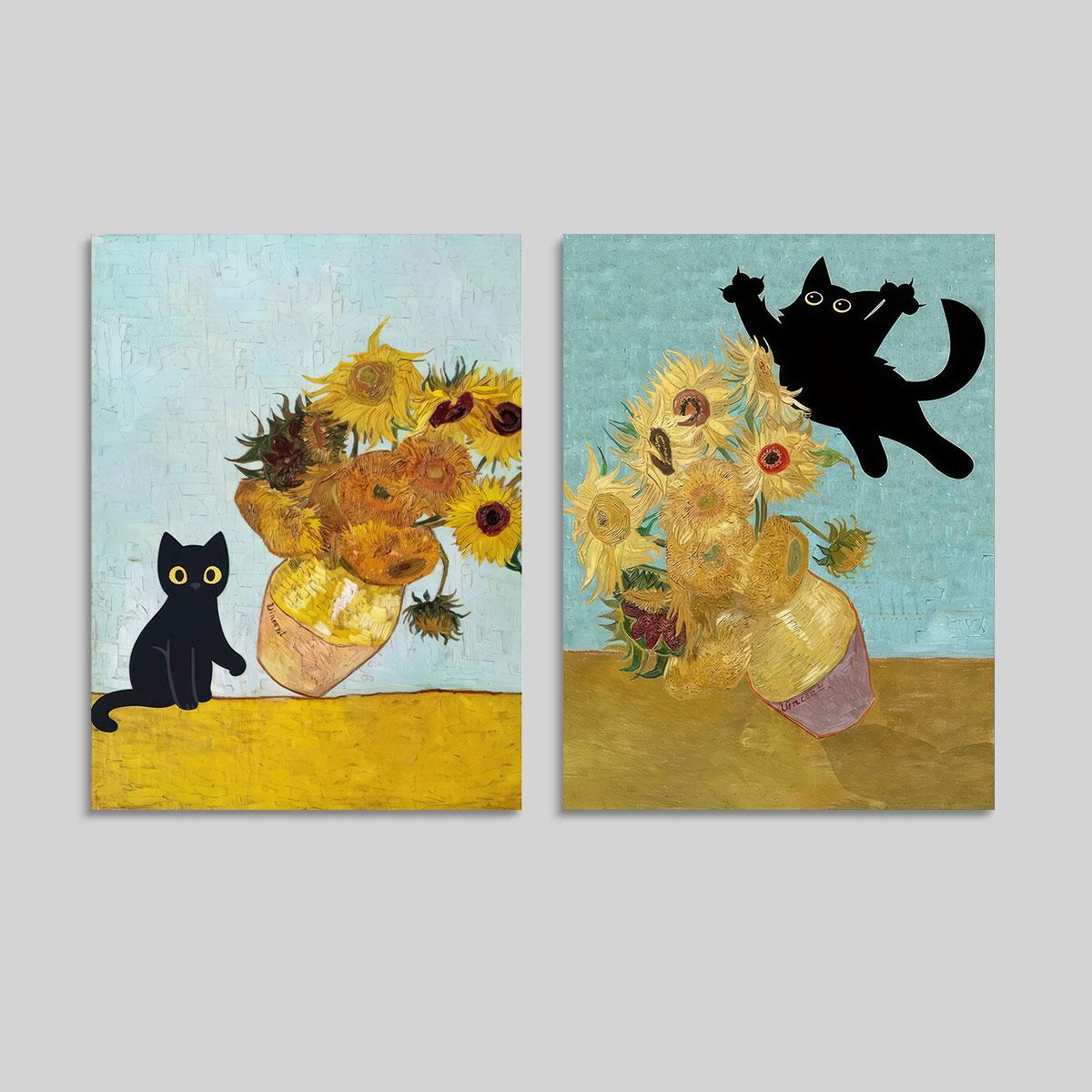 2 Piece Set Frameless Canvas Poster, Fun Cat Vase Illustration, Wall Art for Bedroom Office Living Room Cafe Bar Home Dorm Decor