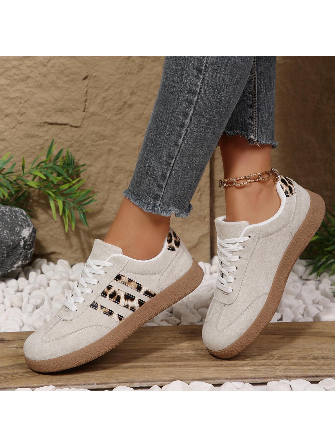 Women's 2.5cm Platform Leopard Print Sneakers, Black/Beige, Retro 3-Stripe Casual Shoes