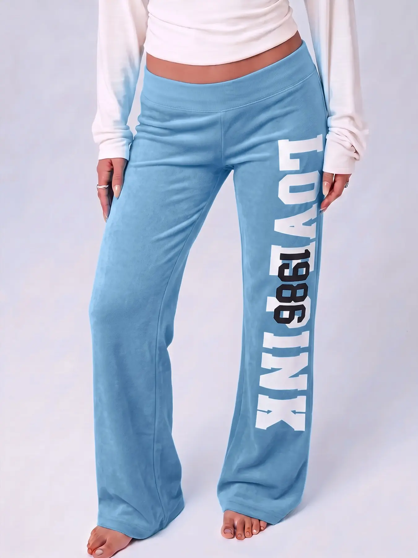 Lake Blue Vertical Letter Print Low Waist Micro Flare Sweatpants, Wide Waistband, Straight-Leg, Soft Knit, Retro Y2K Style