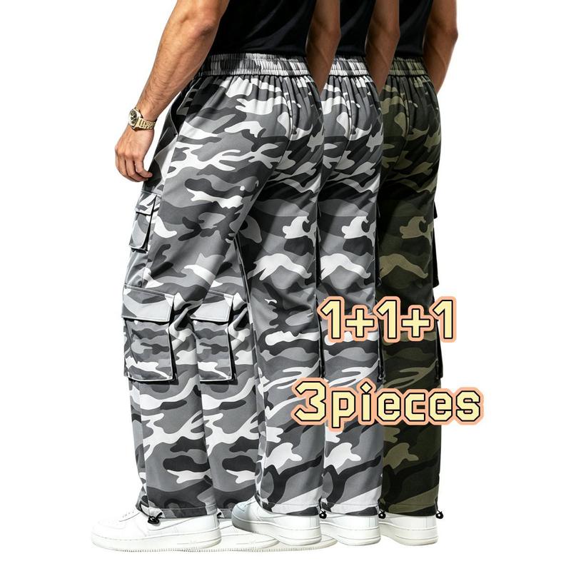 3PC Men's Fashionable Work Pants with Multiple Pocket Details, Elastic Waist Adjustable Drawstring, Switchable Ankle Cuffs, Lightweight and Durable Fabric Loose Pants, Casual Gray Camouflage, Street Style, Suitable for Urban Daily Life