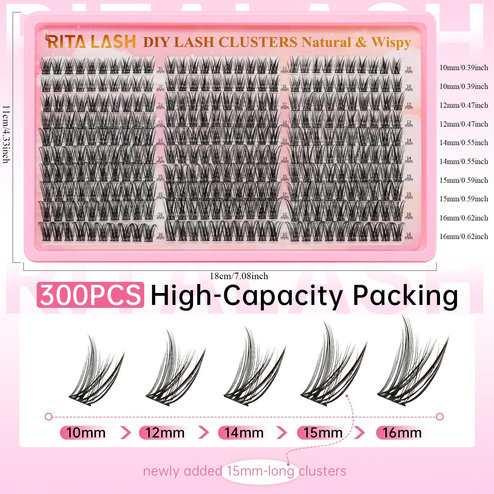 RITALASH 300PCS Lash Clusters Wispy Eyelash Clusters Lashes Natural DIY Lash Extension 10-16mm Cluster Eyelash Extensions 300pcs D Curl Individual Lashes Cluster Eyelash