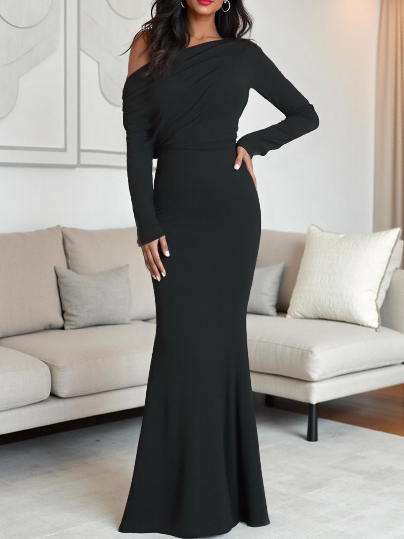 Elegant Women's Chic Asymmetrical Neck Long Dress, One Shoulder Design, Floor-Length Evening Gown, Perfect for Special Occasions, Elegant Party Dress