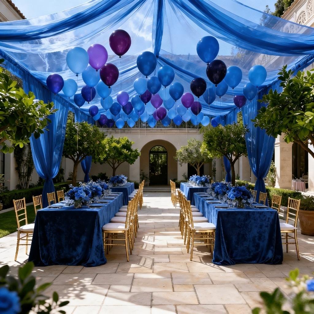 One piece, made of romantic deep blue tulle fabric, perfectly suited for various decorative needs such as wedding arches, ceremony backdrops, banquets, birthday parties and holidays, indoor and outdoor decorations, anniversaries, and party supplies sets.