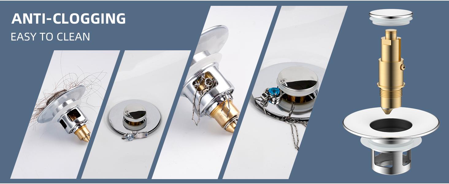 Hibbent All Metal Universal Bathroom Sink Stopper, for 1''~1.8'' Basin Pop Up Sink Drain Strainer, Upgraded Brass Bullet Core Push Type Sink Stopper, Stainless Steel Anti Clogging Drain Filter bathroom sink