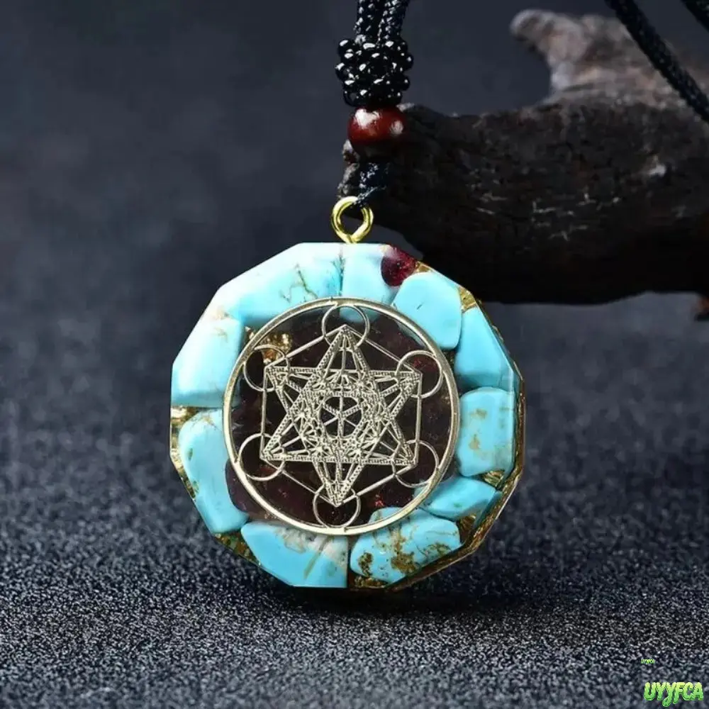 Metatron Cube Orgonite Pendant Necklace With Natural Turquoise & Garnet Chips,18in Adjustable Braided Cord Healing Crystal Chakra Amulet, Energy Balancing Meditation Protection Jewelry For Daily Wear Spiritual Practice