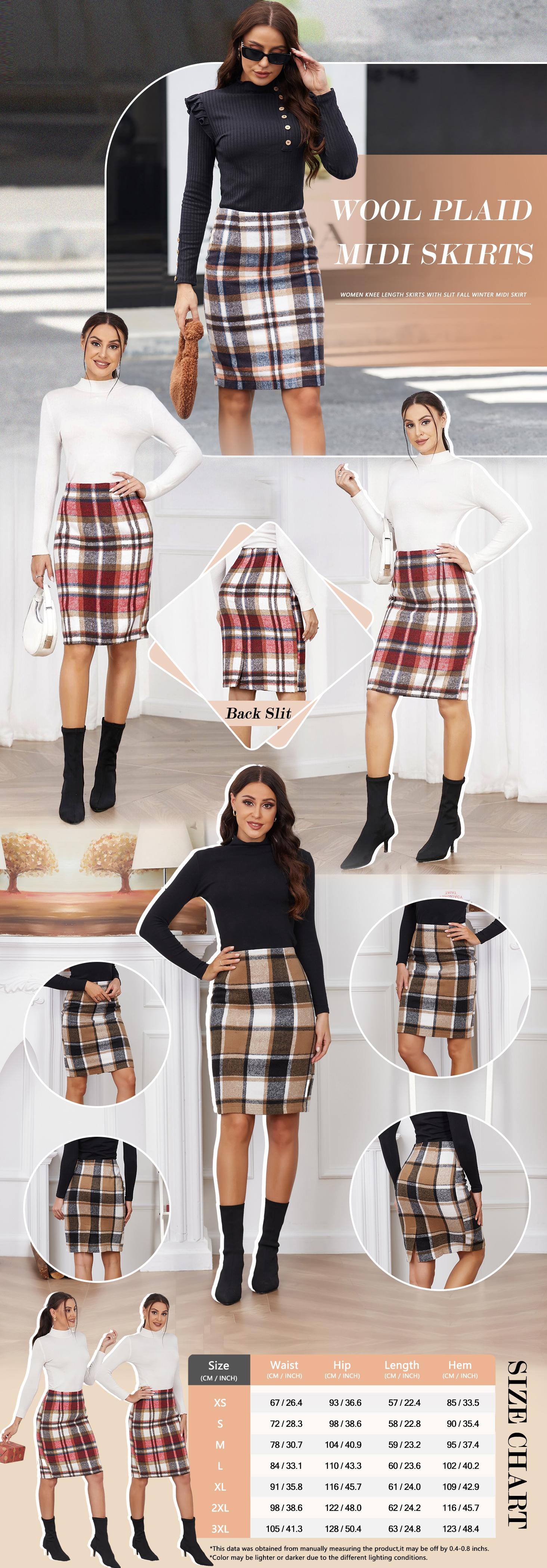 IDEALSANXUN Plaid Pencil Skirts High Waisted Wool Knee Length for Women Fall Winter Skirts Long Midi Tweed Skirt Faldas de Invierno Para Mujer Business Casual Outfits for Women Work Office Skirt Tartan Skirts Holiday Outfits Womenswear Bottoms