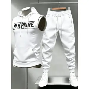 Men's summer sleeveless hoodie and jogging pants set, street letter printing, summer breathable and quick-drying casual two-piece set, suitable for trendy fitness training, badminton, running, travel and vacation, daily street fashion
