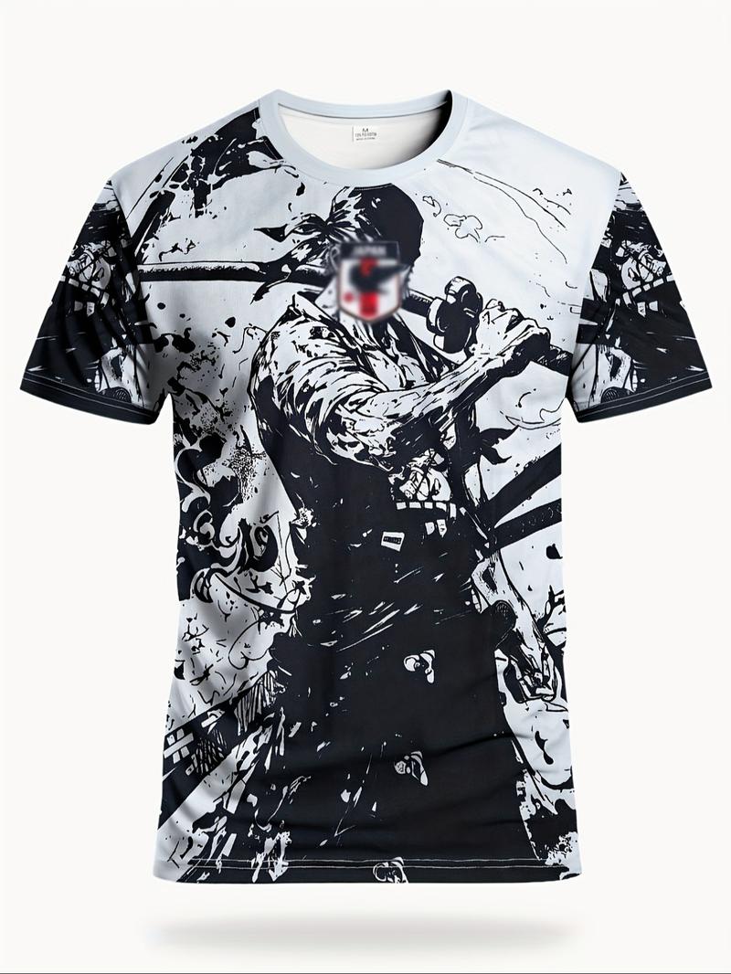 Japanese Anime Men's Football Jersey & Samurai Pattern Round Neck Comfortable Sports Top, Fitness Top, Sweat-Wicking Knit Fabric, Casual Wear