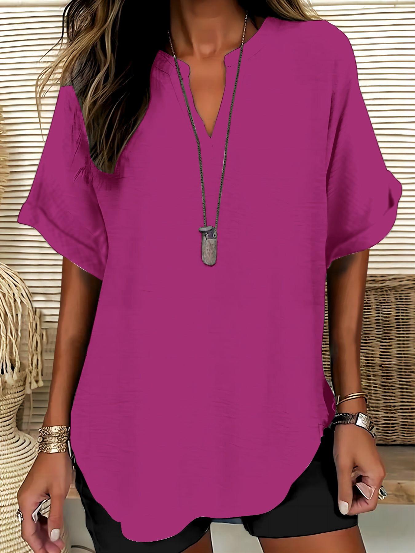 Women's Simple Vintage Solid V-Neck Short Sleeve Shirt Blouses, Casual Loose-Fitting Pullover, 100% Polyester, All Seasons Fashion Top